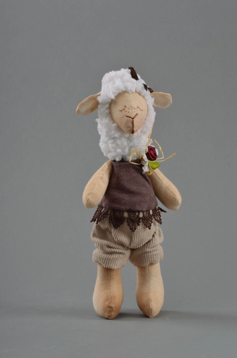 Designer handmade soft toy lamb with rose cotton stuffed toy nursery decor photo 1