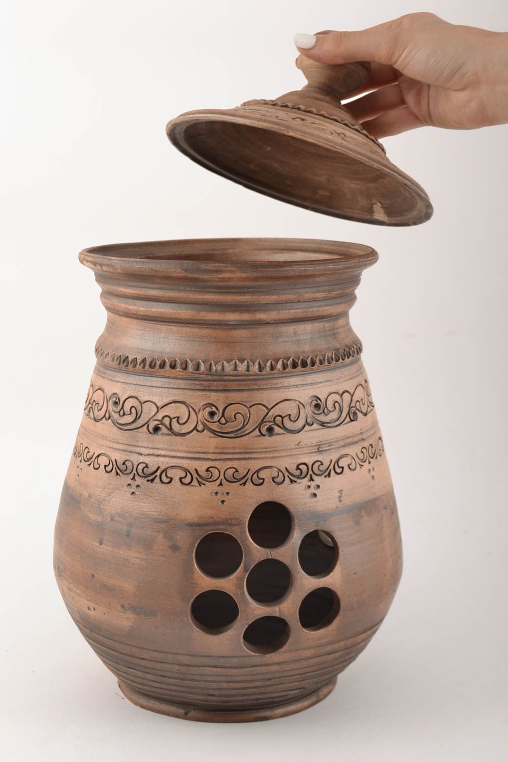 Pot de cuisine avec couvercle en argile poterie original fait main pour fruits photo 4