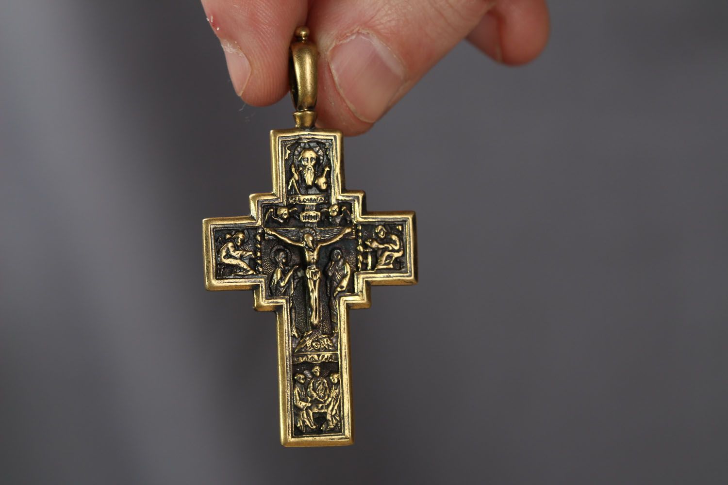 Orthodox two-sided bronze crucifix pendant photo 4