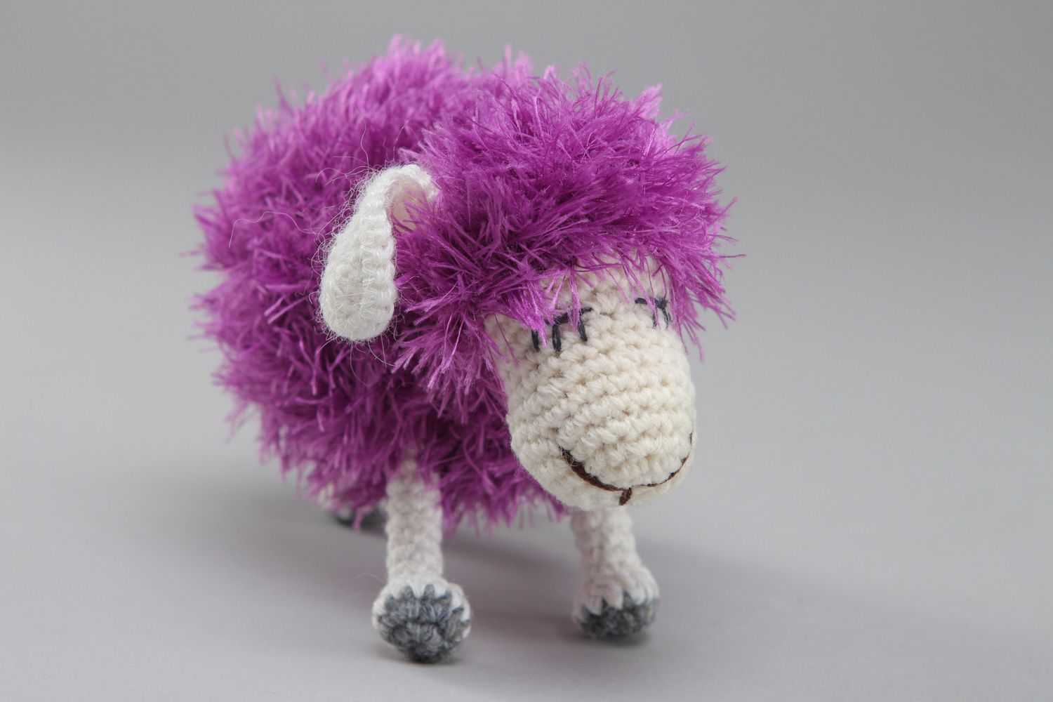Handmade cute soft toy violet fluffy lamb crocheted of woolen threads photo 1
