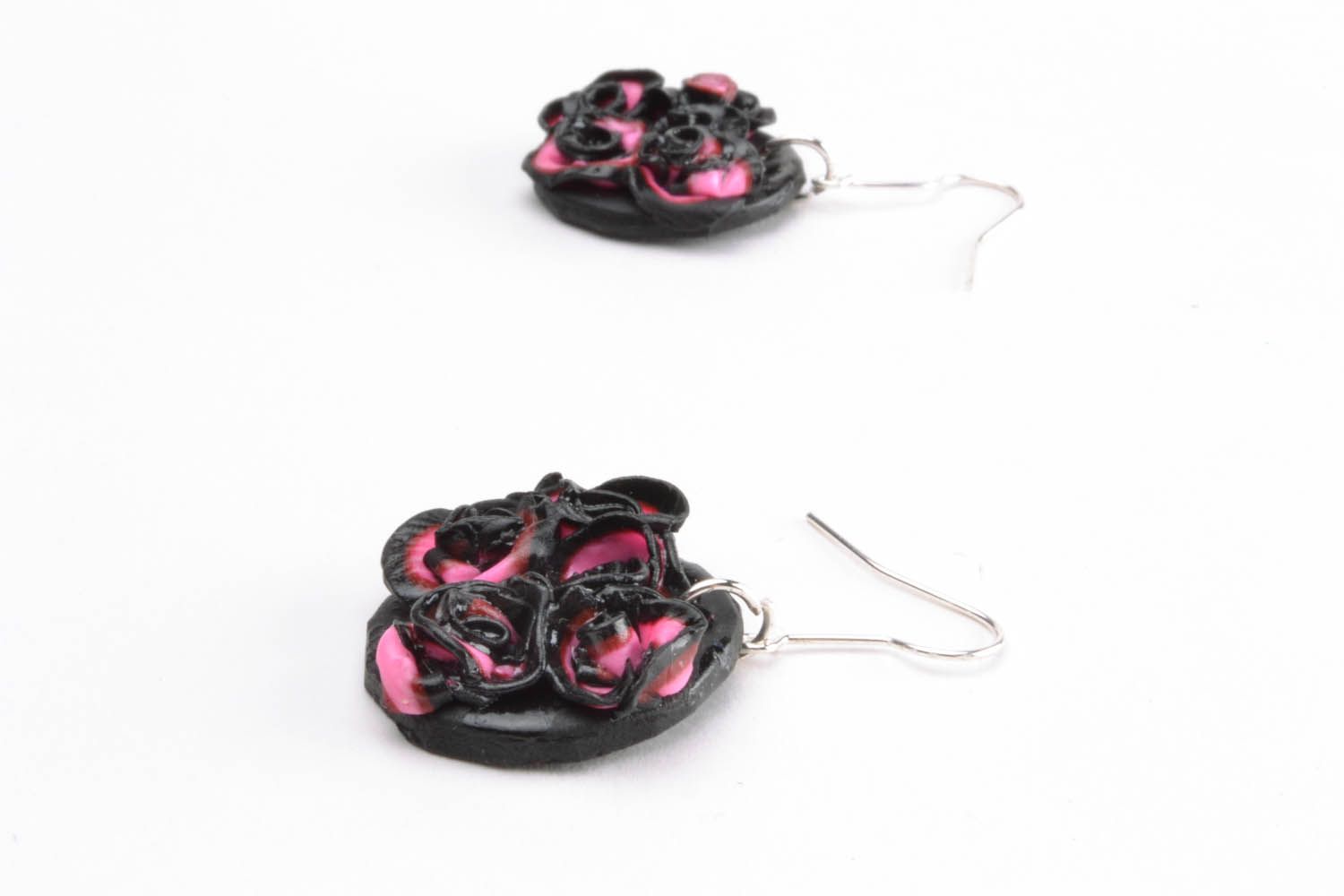 Black and pink polymer clay earrings  photo 3