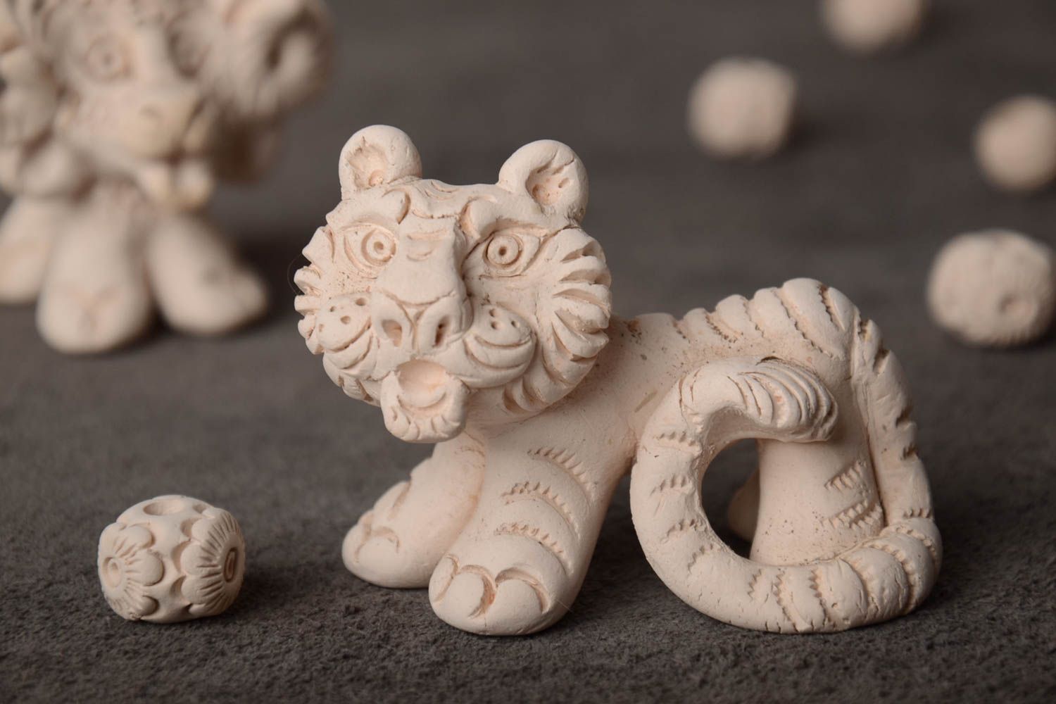 Unusual small handmade collectible clay statuette of white tiger home decor photo 1