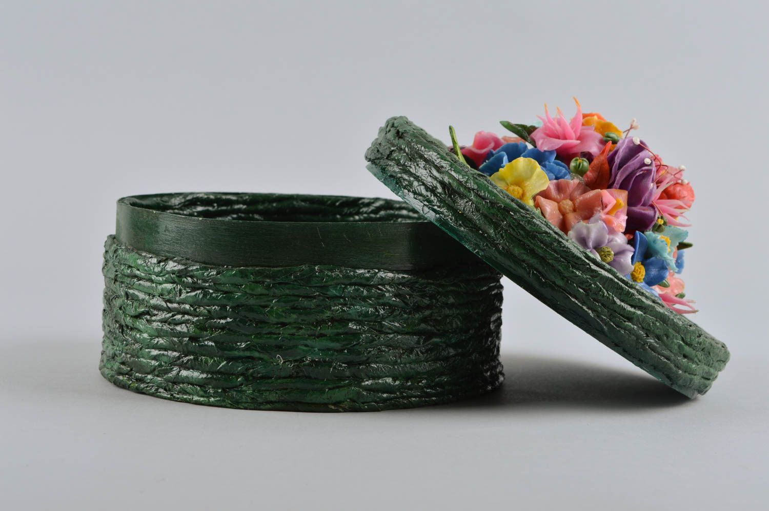 Boîte à bijoux fait main Boîte en papier ronde verte avec fleurs Déco maison photo 4