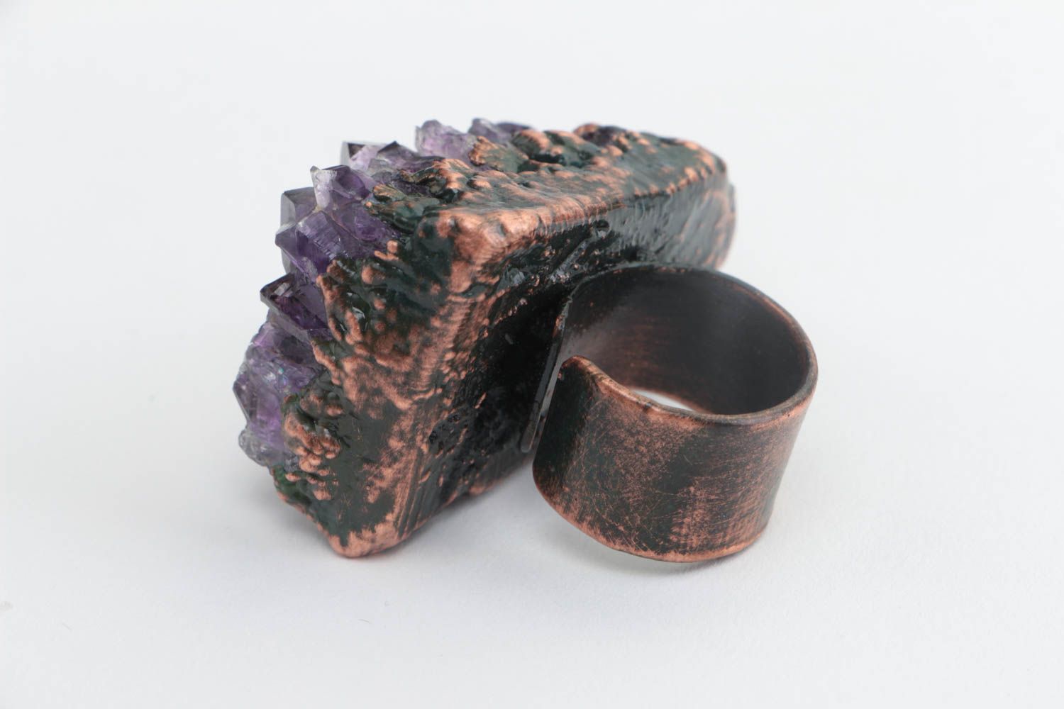 Massive handmade designer open type copper ring with natural amethyst stone photo 4