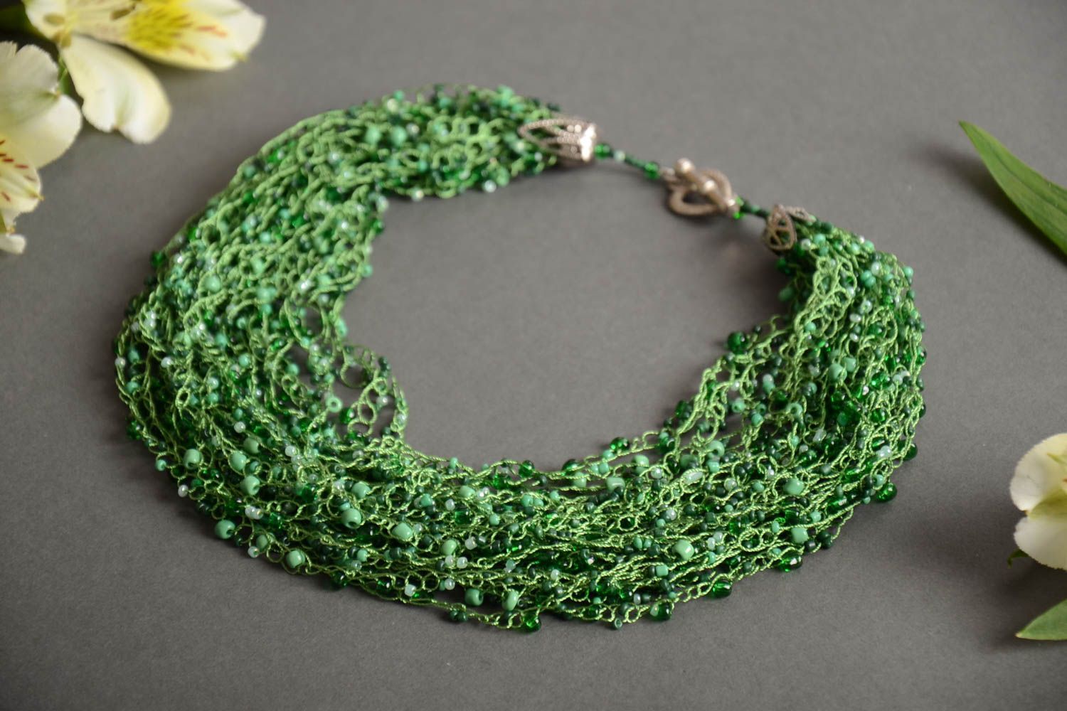 Handmade designer crocheted beaded necklace in green color palette for women photo 1