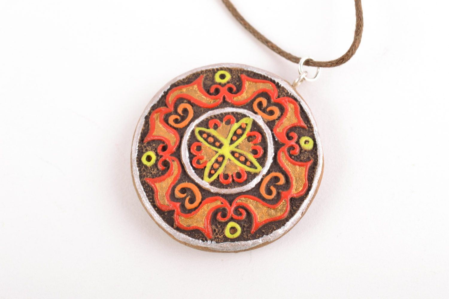 Handmade designer round ceramic neck pendant with bright acrylic painting photo 5