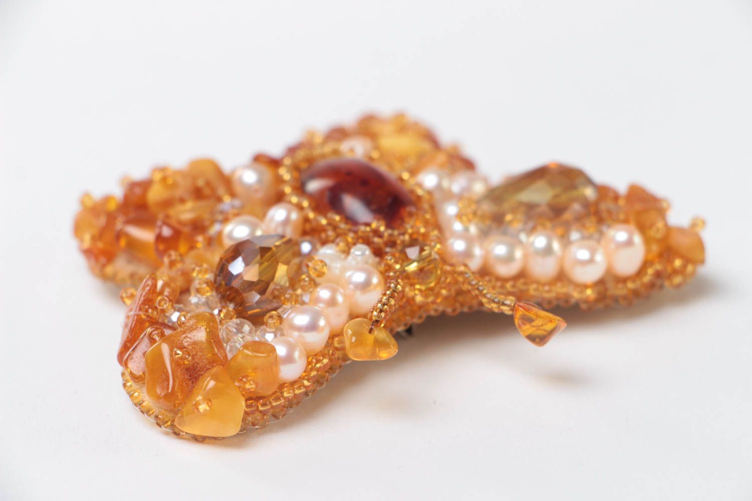 Large beautiful handmade brooch with bead embroidery and natural amber stone photo 3