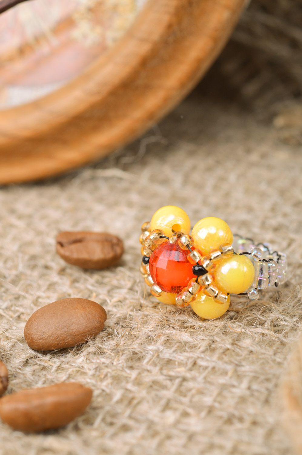Handmade red and yellow beaded ring in the shape of flower for little girl photo 1