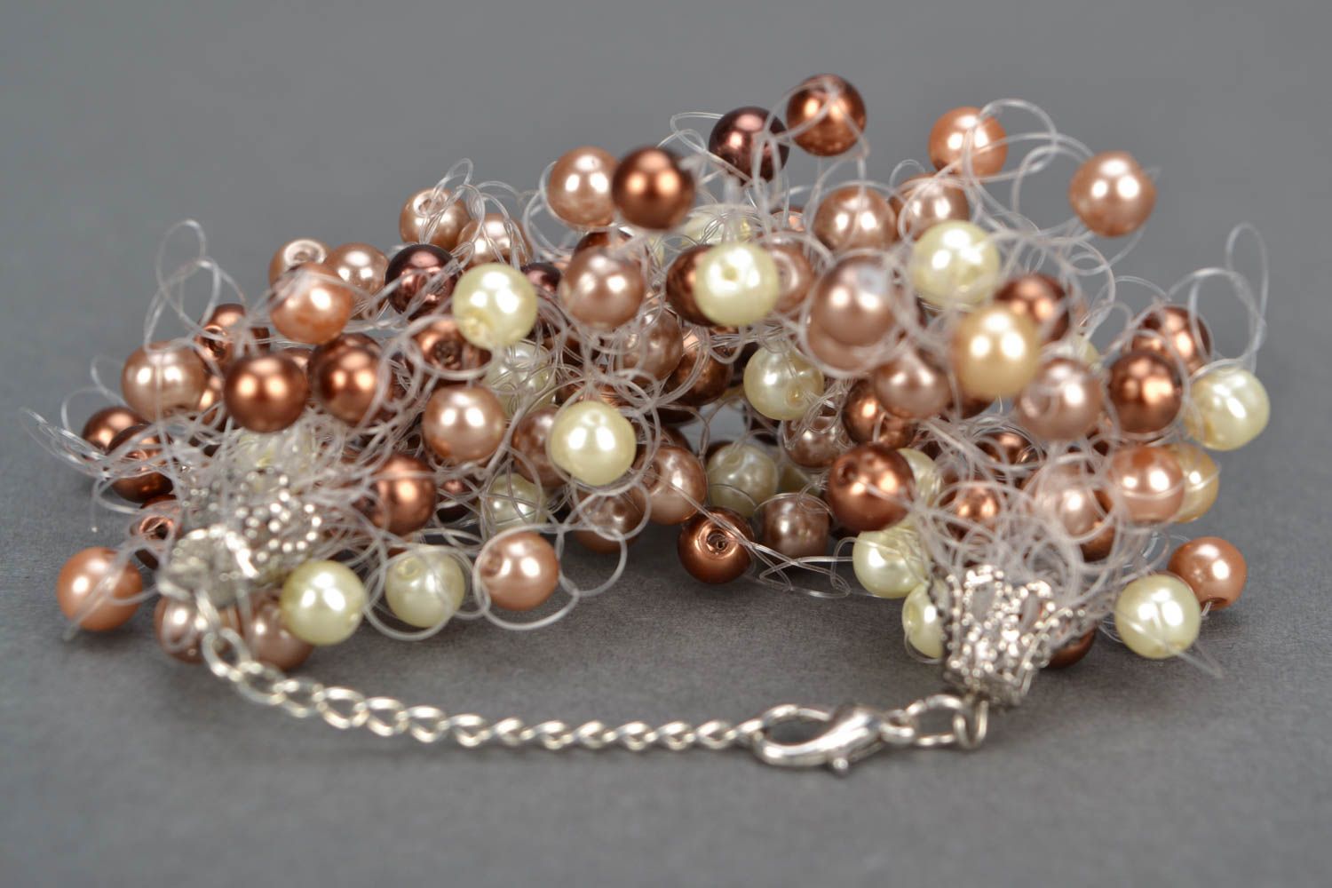 Homemade beaded airy wide bracelet in gold and brown colors  photo 5