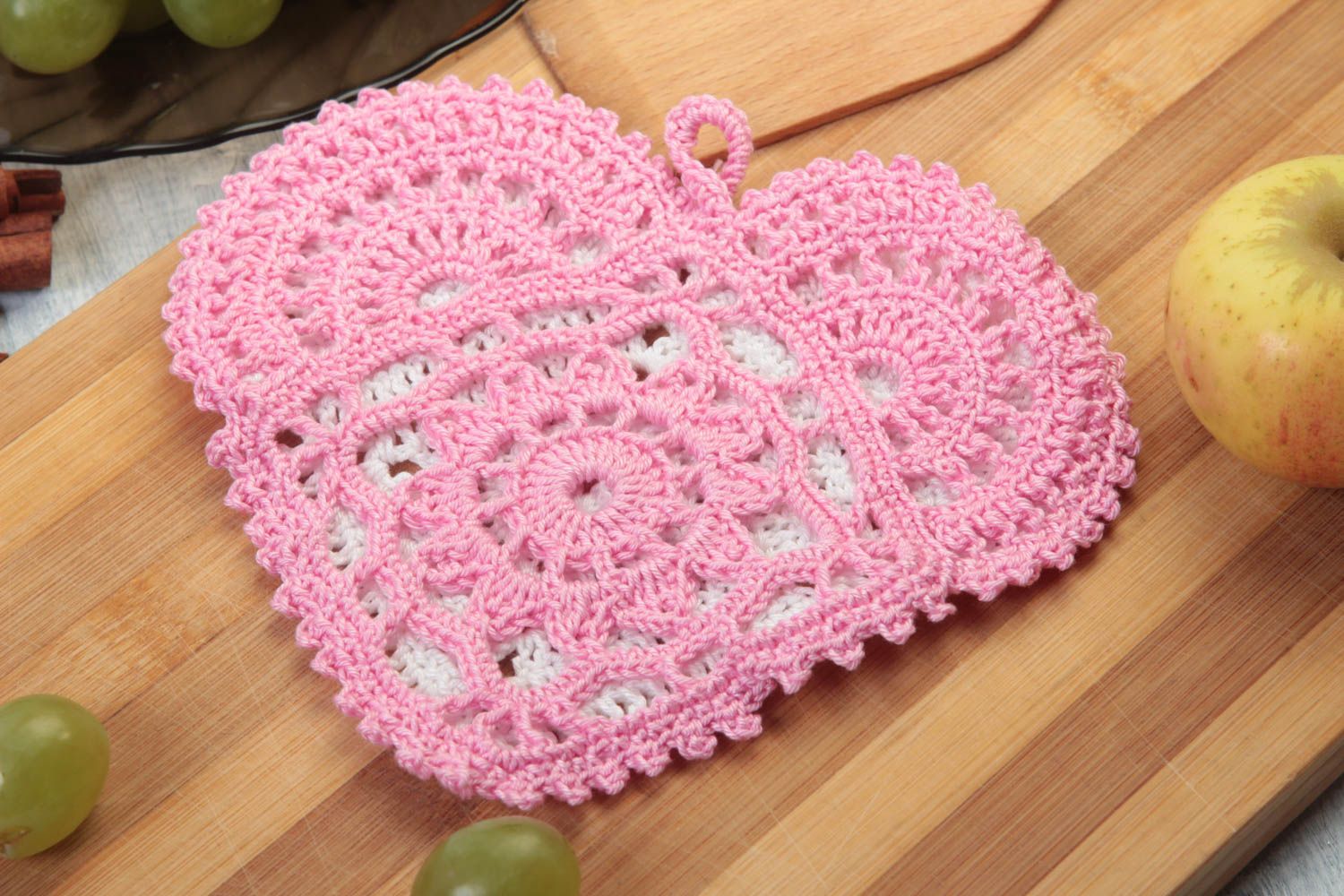 Прихватка крючком ручной работы прихватка для кухни домашний текстиль розовая фото 1