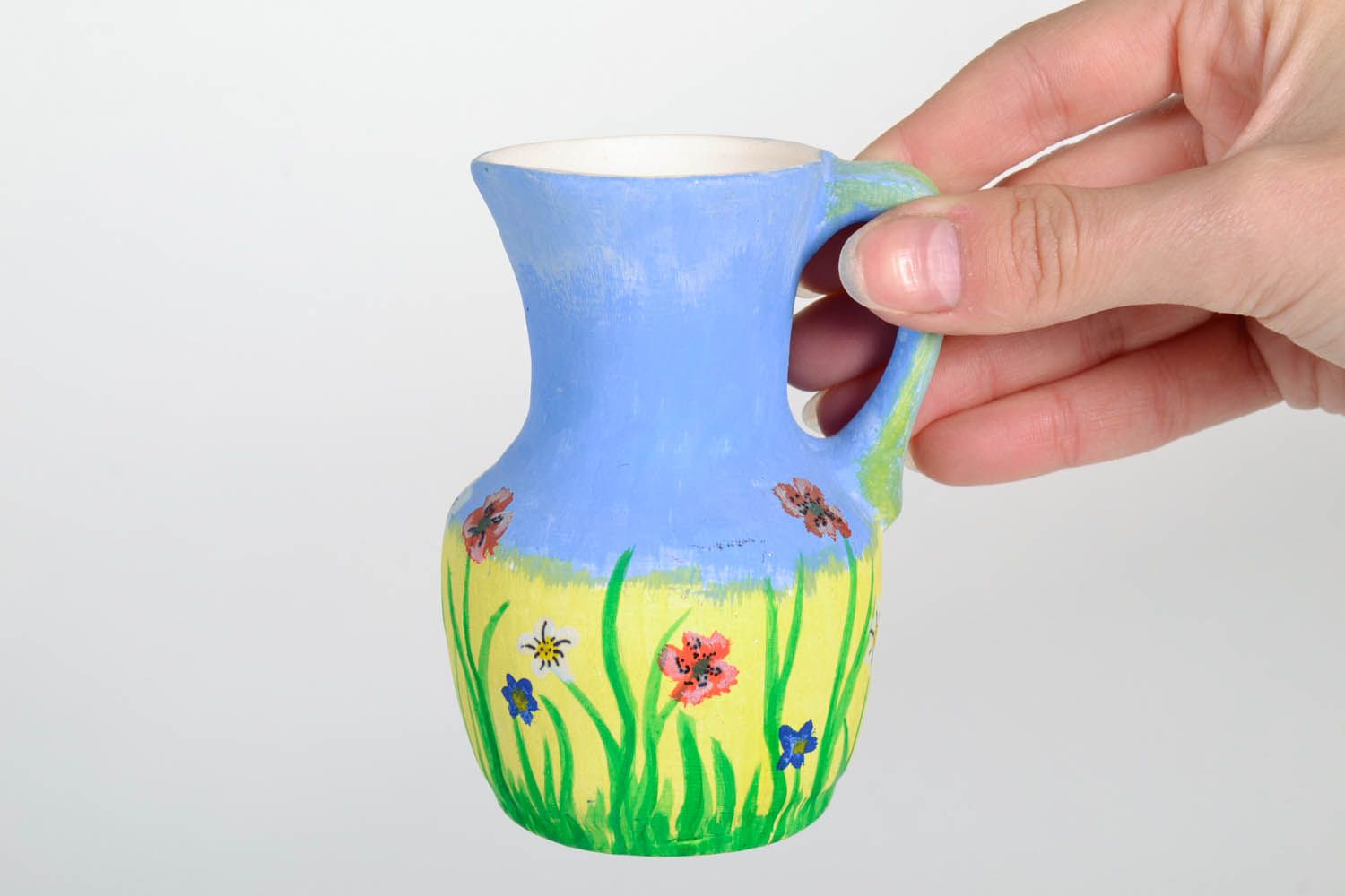 4 inches handmade hand-painted pitcher in floral décor 0,26 lb photo 2