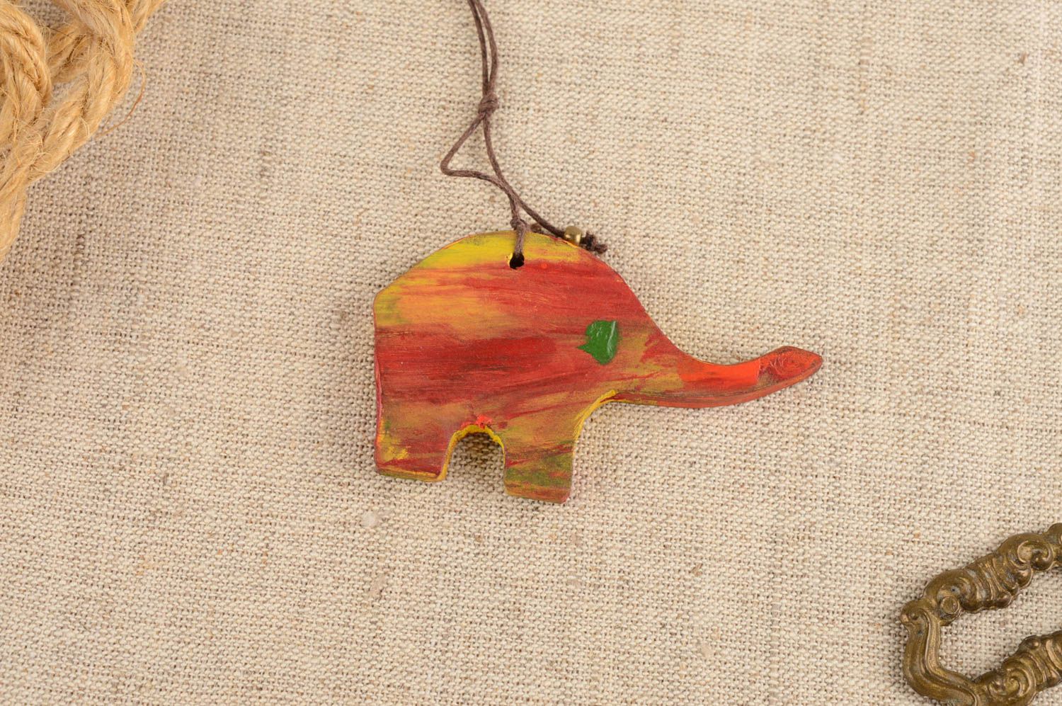 Handmade designer wooden keychain toy elephant painted with acrylics photo 1