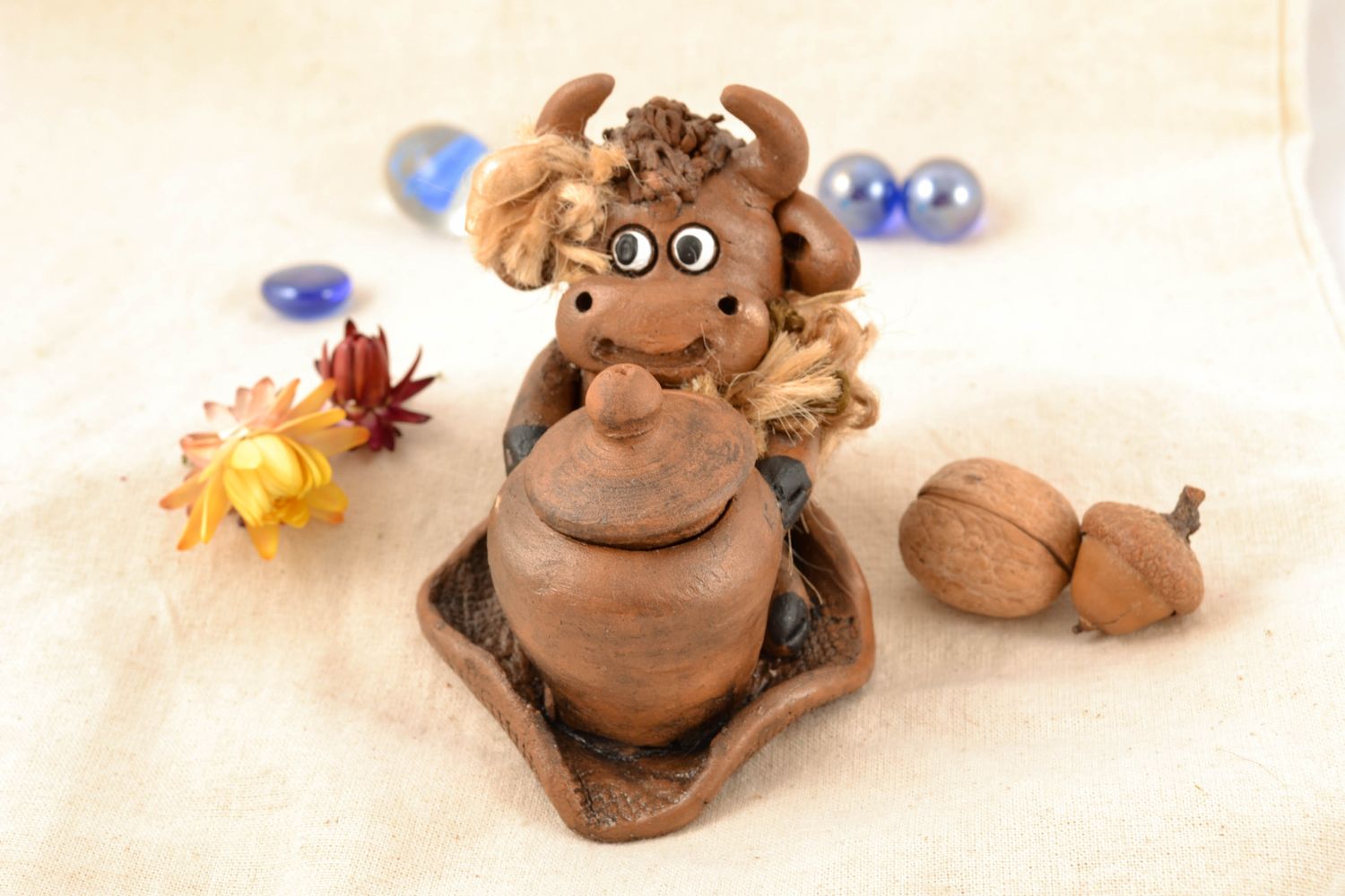 Handmade ceramic figurine Bull with Pot photo 2
