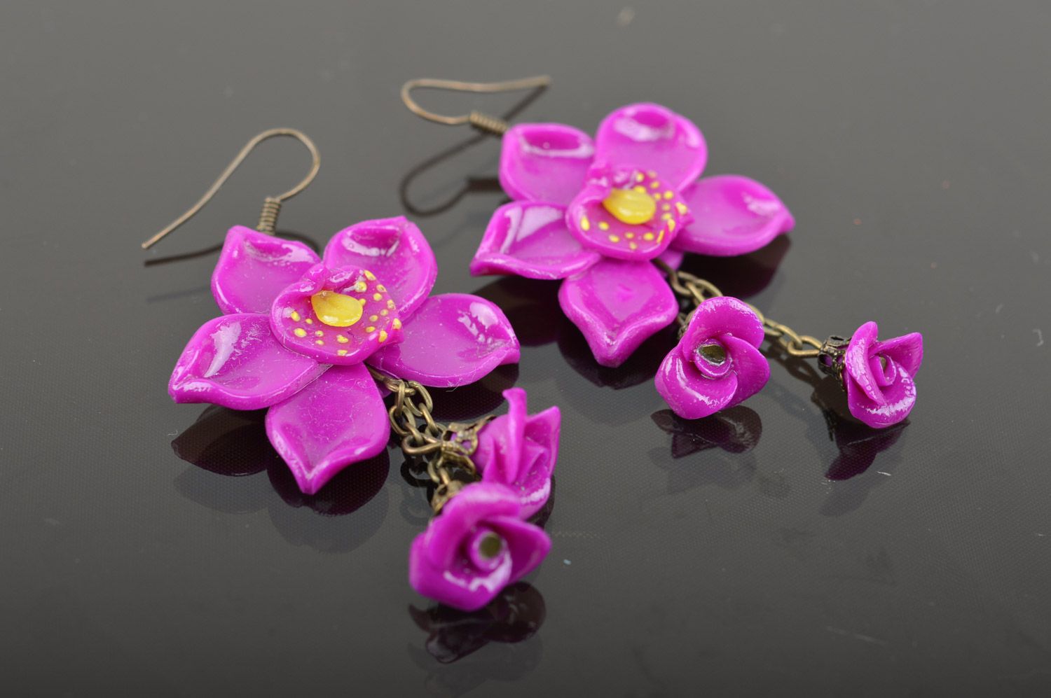 Homemade long plastic flower earrings with charms in the shape of orchids photo 3
