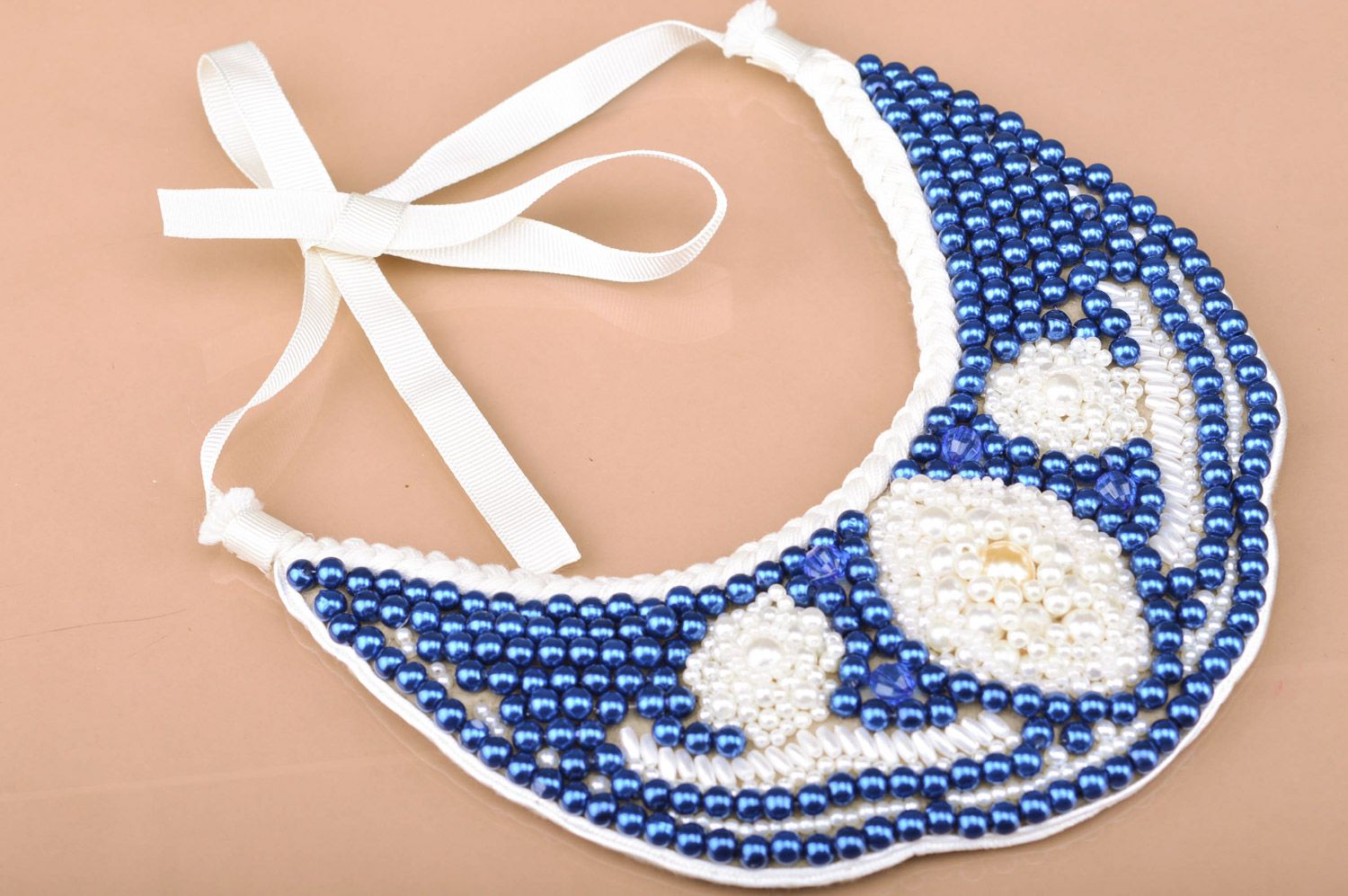 Handmade blue and white bead embroidered collar necklace with white ribbon photo 1