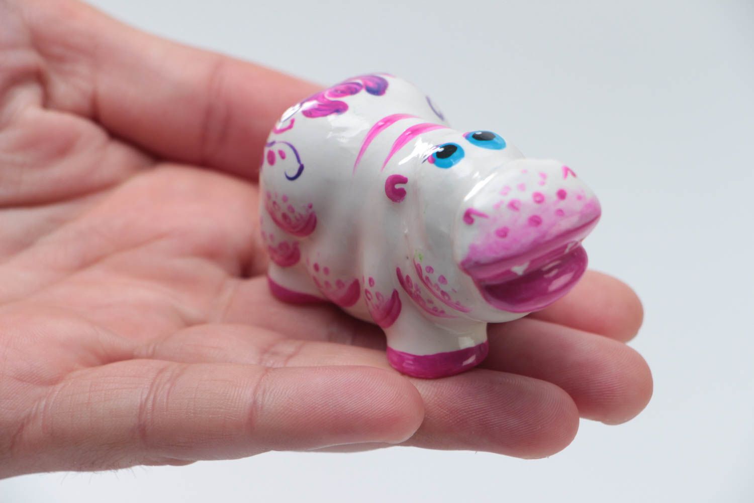 Unusual beautiful handmade plaster statuette of hippo white and pink photo 5