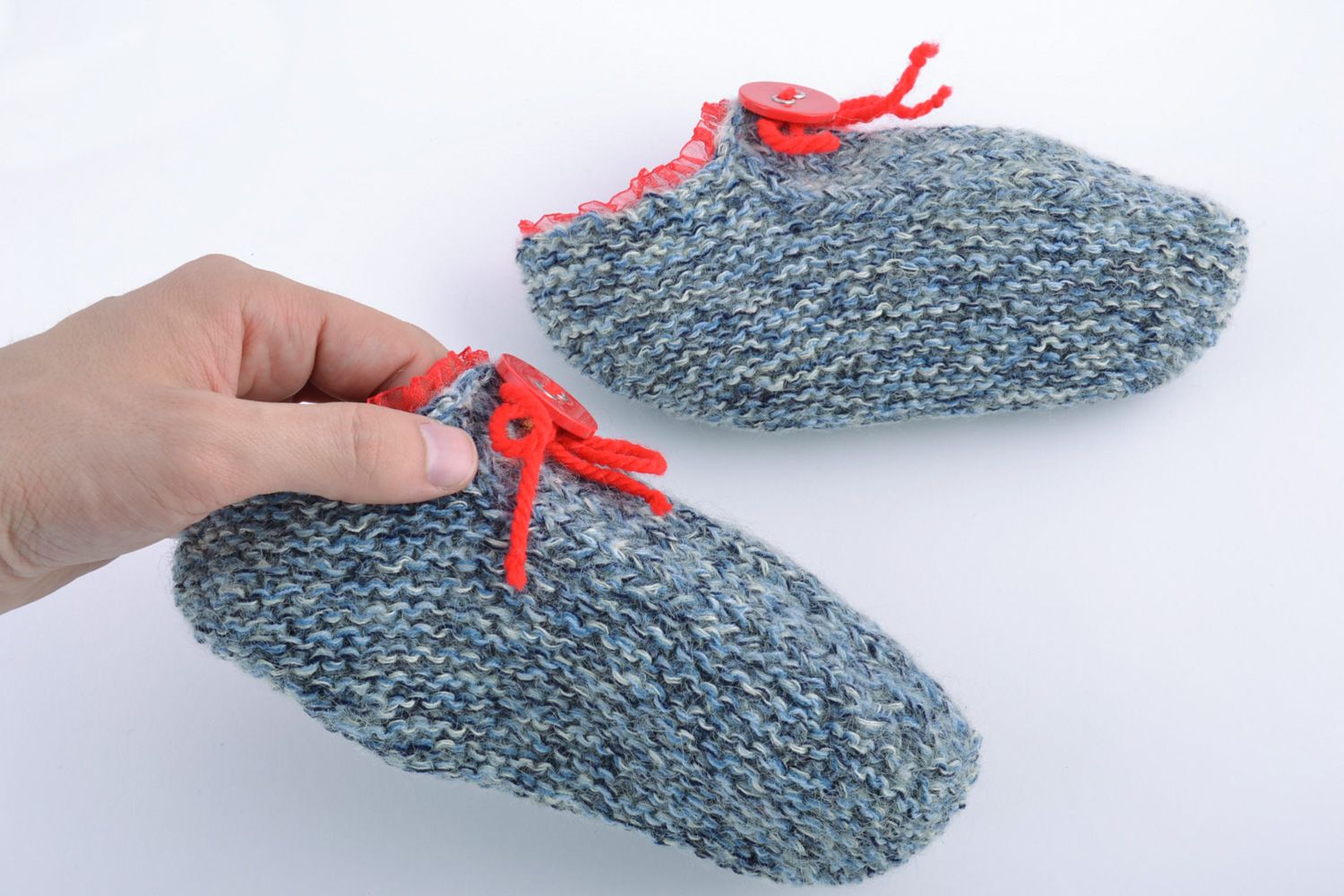 Unusual beautiful handmade warm knitted half-woolen slippers photo 4
