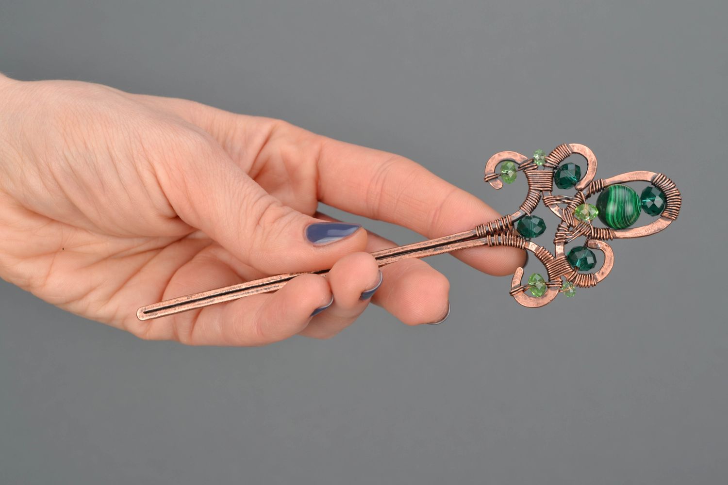 Handmade copper hair pin with malachite made using wire wrap technique photo 2