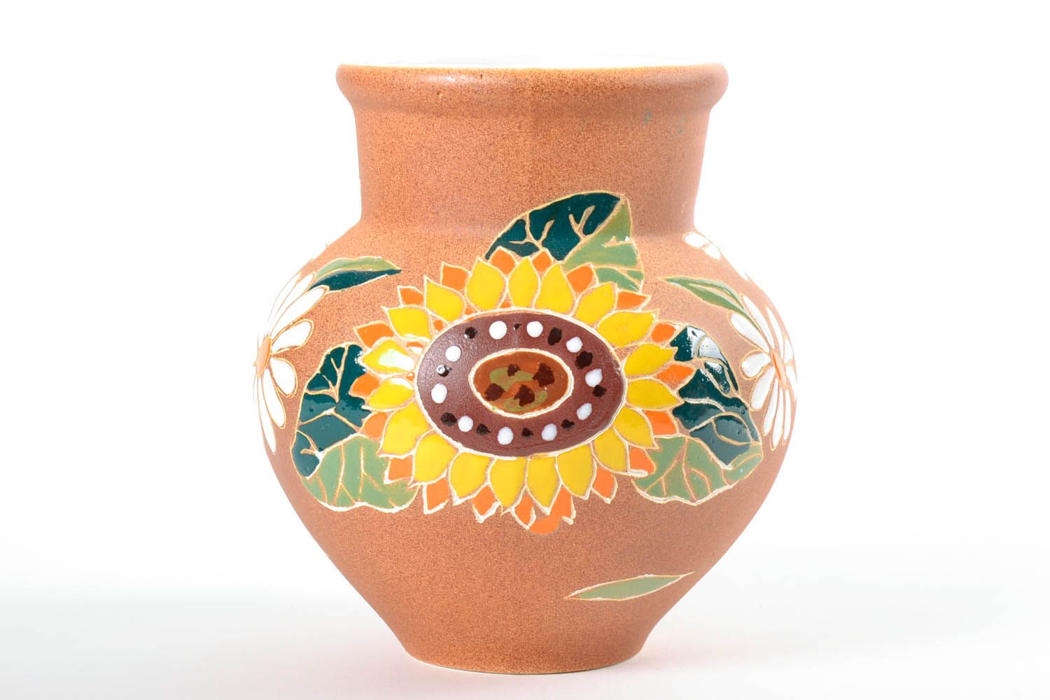Handmade ceramic milk jug with sunflower painting 2 lb photo 3
