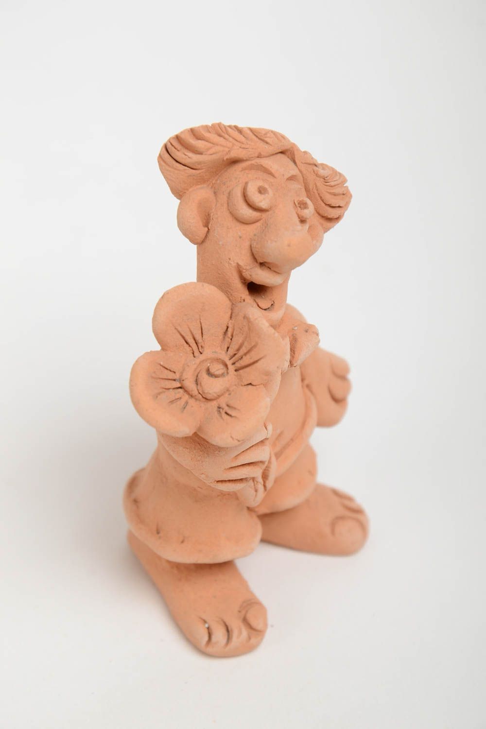 Small handmade beige clay statuette of handsome man with flowers photo 4