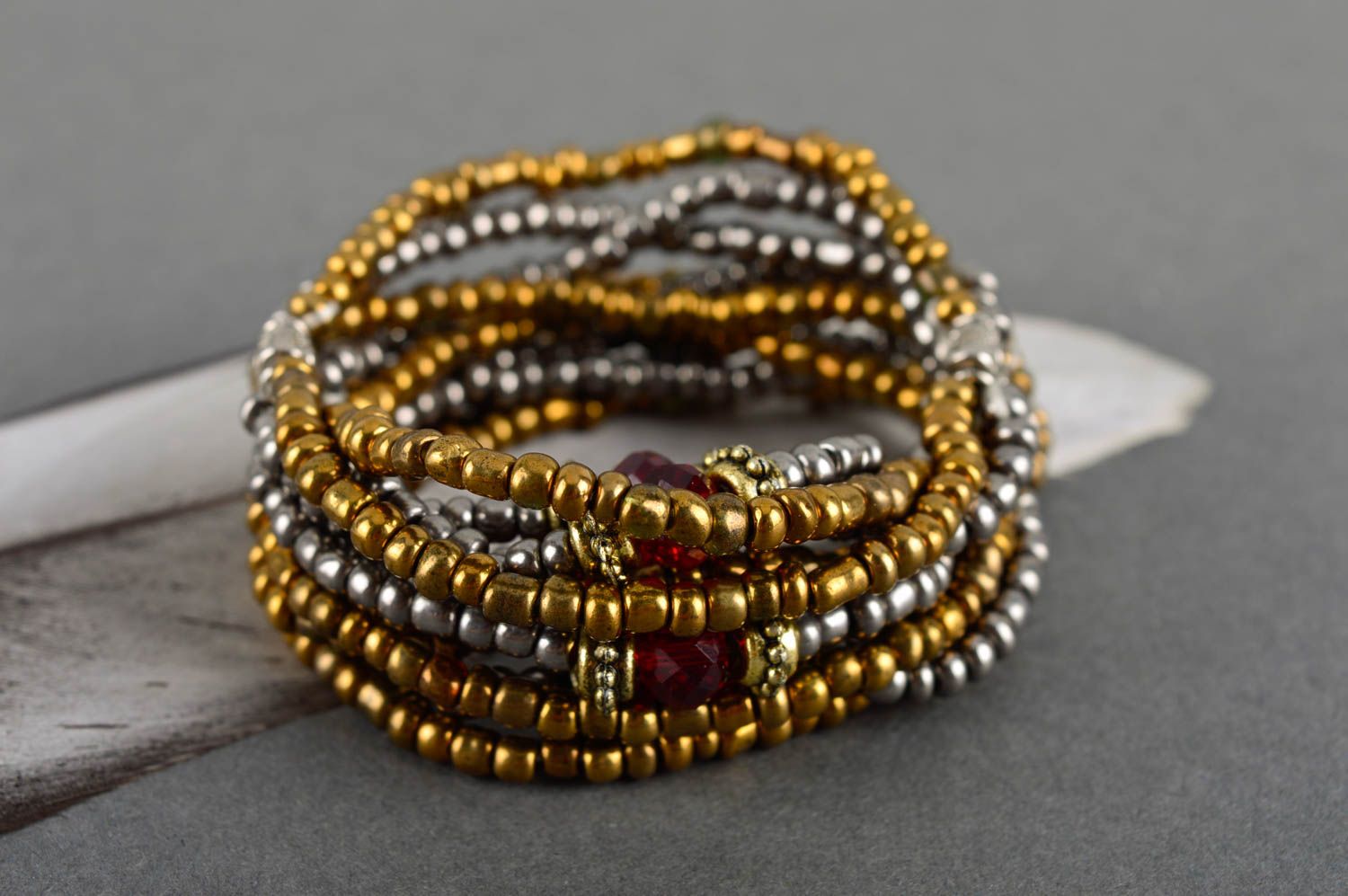 Multi-row wrist line bracelet made of silver and gold color beads for women photo 1