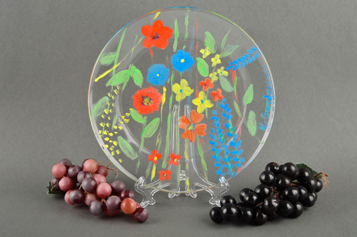 Тарелка ручной работы расписная посуда стеклянная тарелка Полевые цветы фото 1