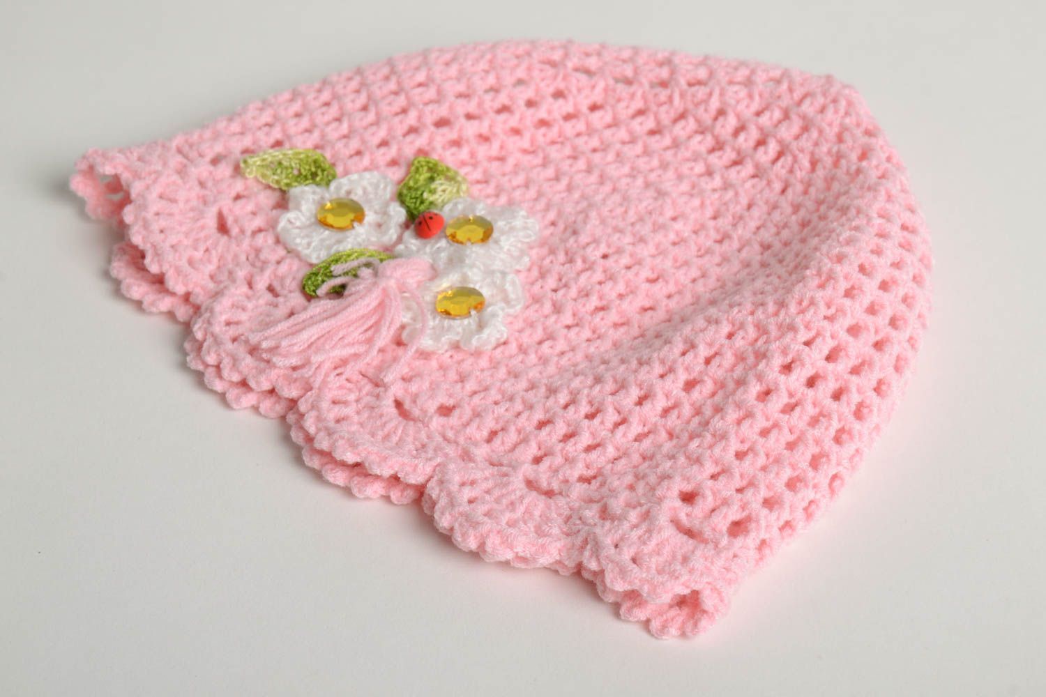Bonnet tricot fait main Chapeau au crochet rose printemps Vêtement enfant design photo 5
