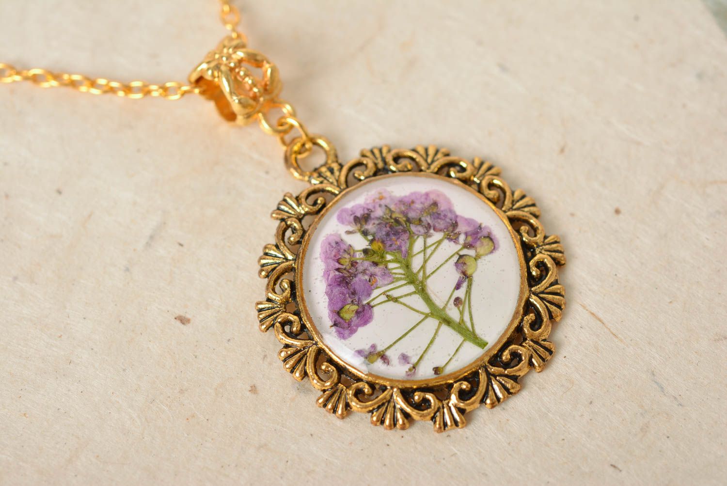 Pendant with natural flowers in epoxy resin on long chain handmade accessory photo 4
