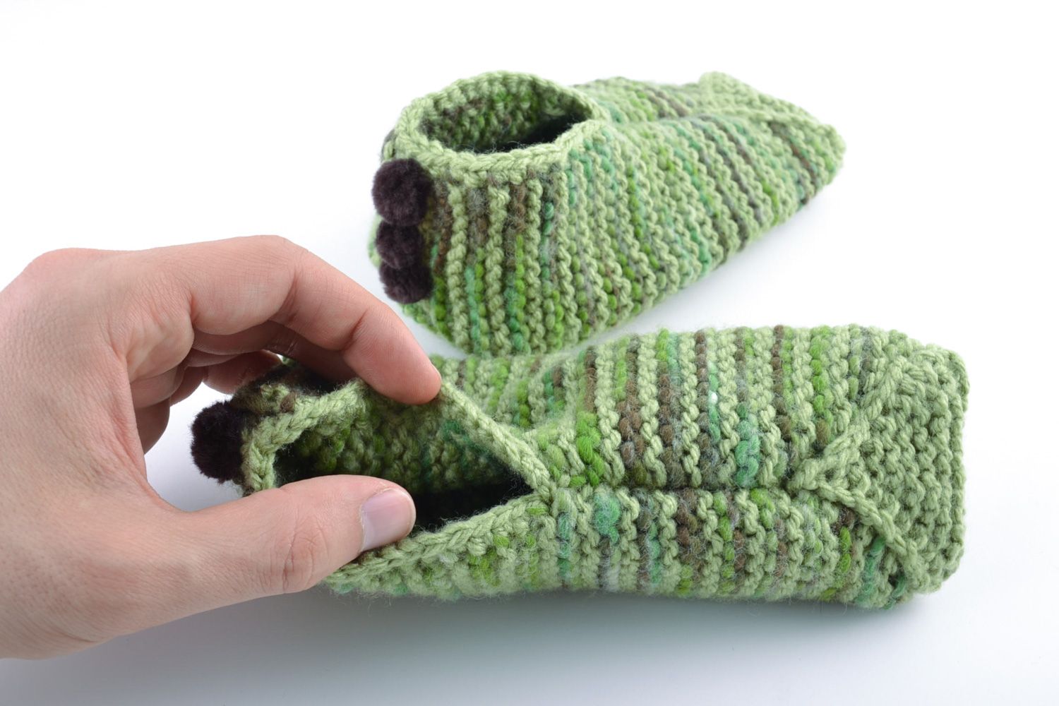 Light green warm hand knitted wool house slippers for adults and children photo 5