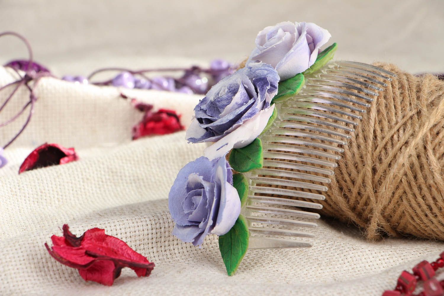 Peigne décoratif cheveux avec roses violettes fait main photo 4