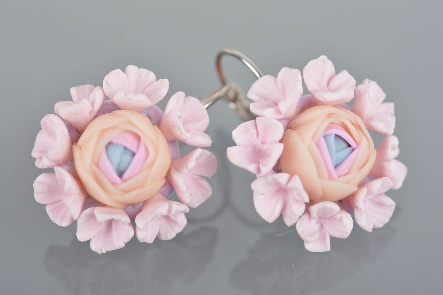 Delicate handmade earrings made of polymer clay Peony summer accessory photo 2