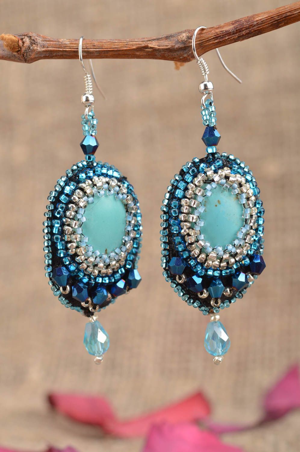 Long handmade festive blue earrings embroidered with beads with turquoise photo 1