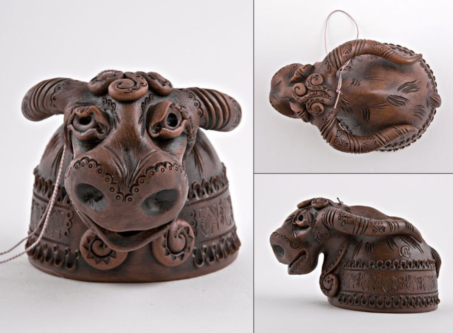 Campanello d'autore in ceramica fatto a mano a forma di toro grande marrone
 foto 2