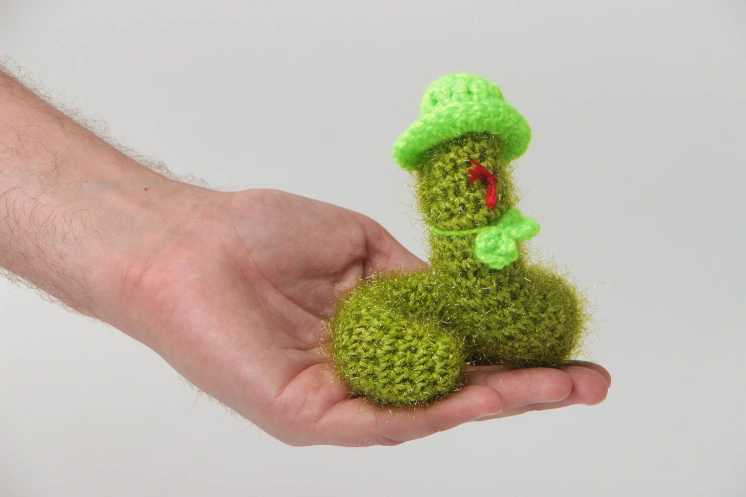 Beautiful handmade soft toy crocheted of acrylic threads green snake in hat photo 5