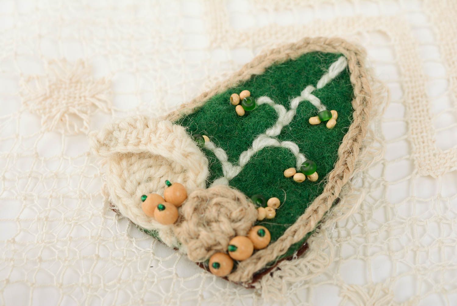 Handmade designer green and beige crochet brooch with felted wool and beads  photo 1
