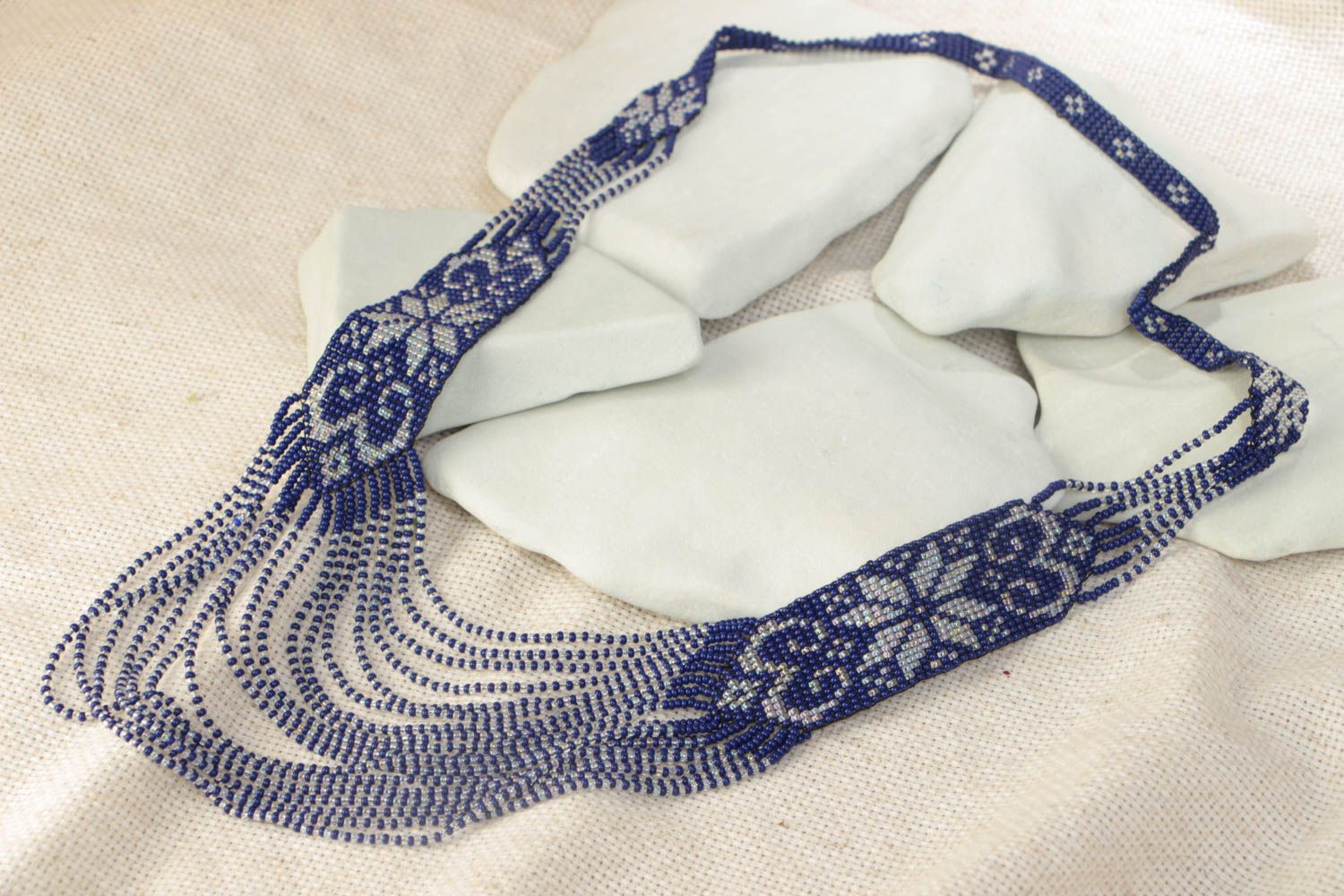 Синий гердан из бисера чешского ручной работы в этно стиле с орнаментом фото 1