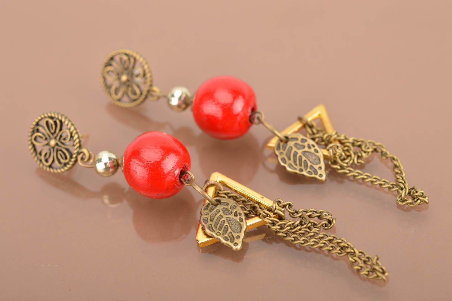 Earrings with wooden beads handmade beaded accessory fancy jewelry photo 2