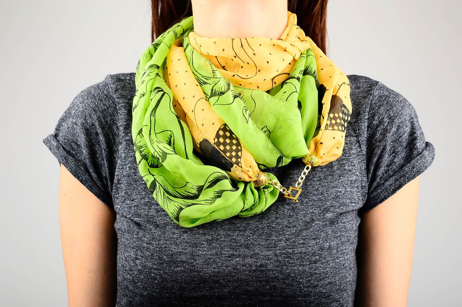 Шарф ручной работы женский шарф легкий шифоновый шарф салатово-желтый красивый фото 2