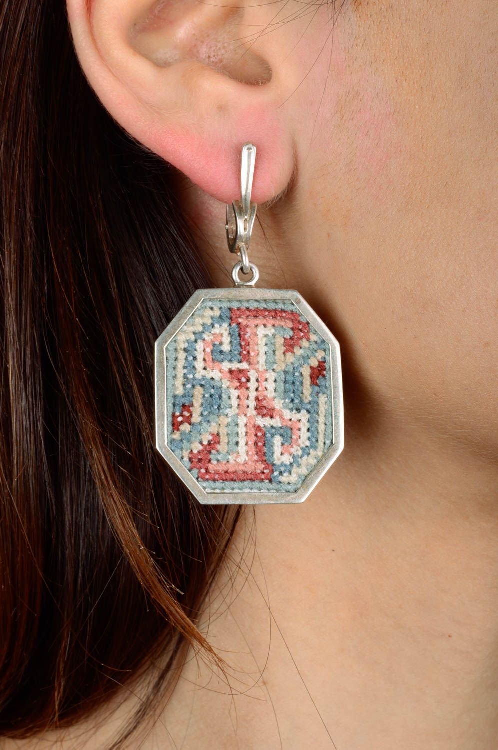 Handmade earrings with embroidery silver earrings with charms designer accessory photo 2