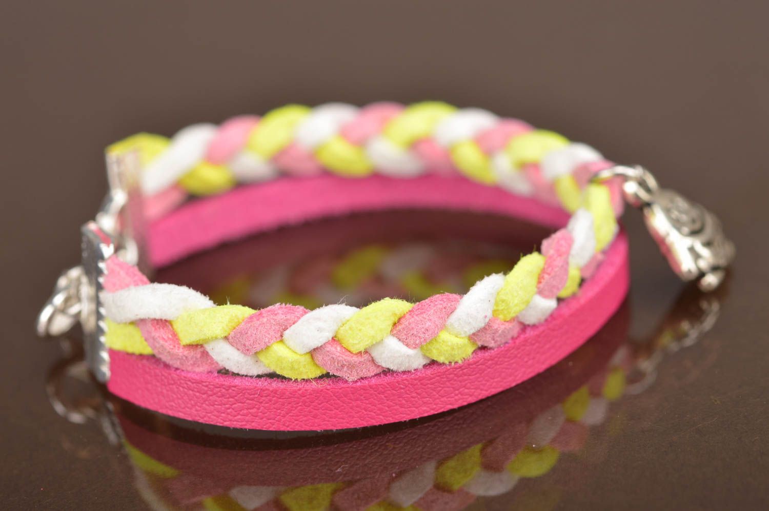 Handmade bright leather and suede cord wrist bracelet with metal charm pink photo 4