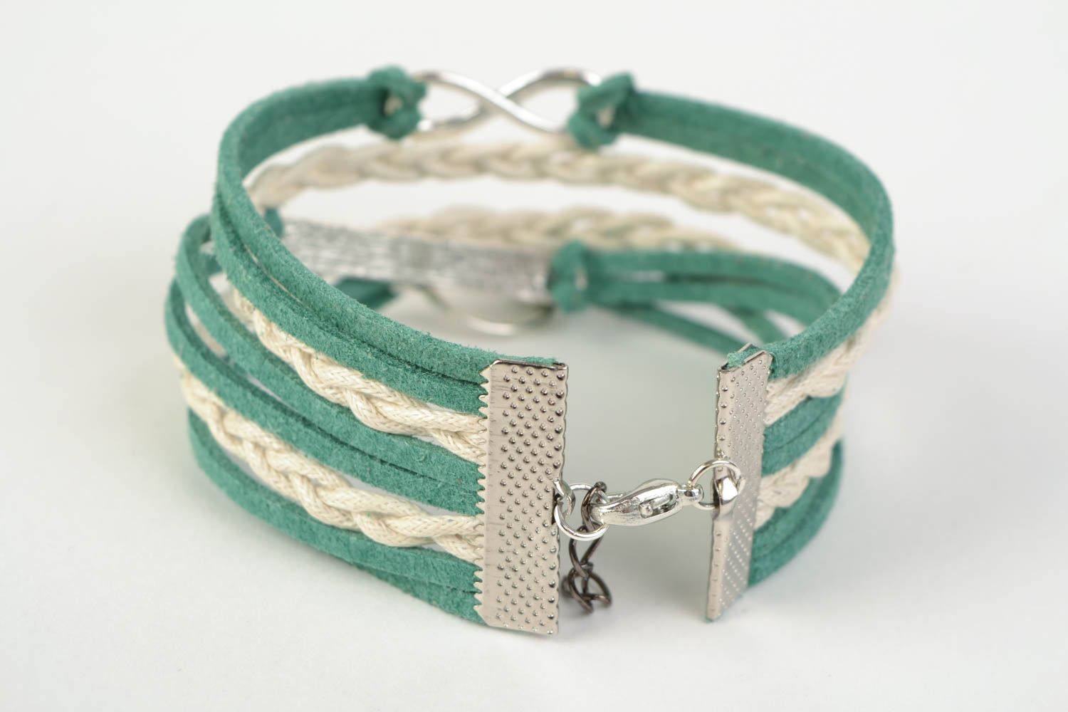 Handmade woven suede cord bracelet with metal charms for women photo 4