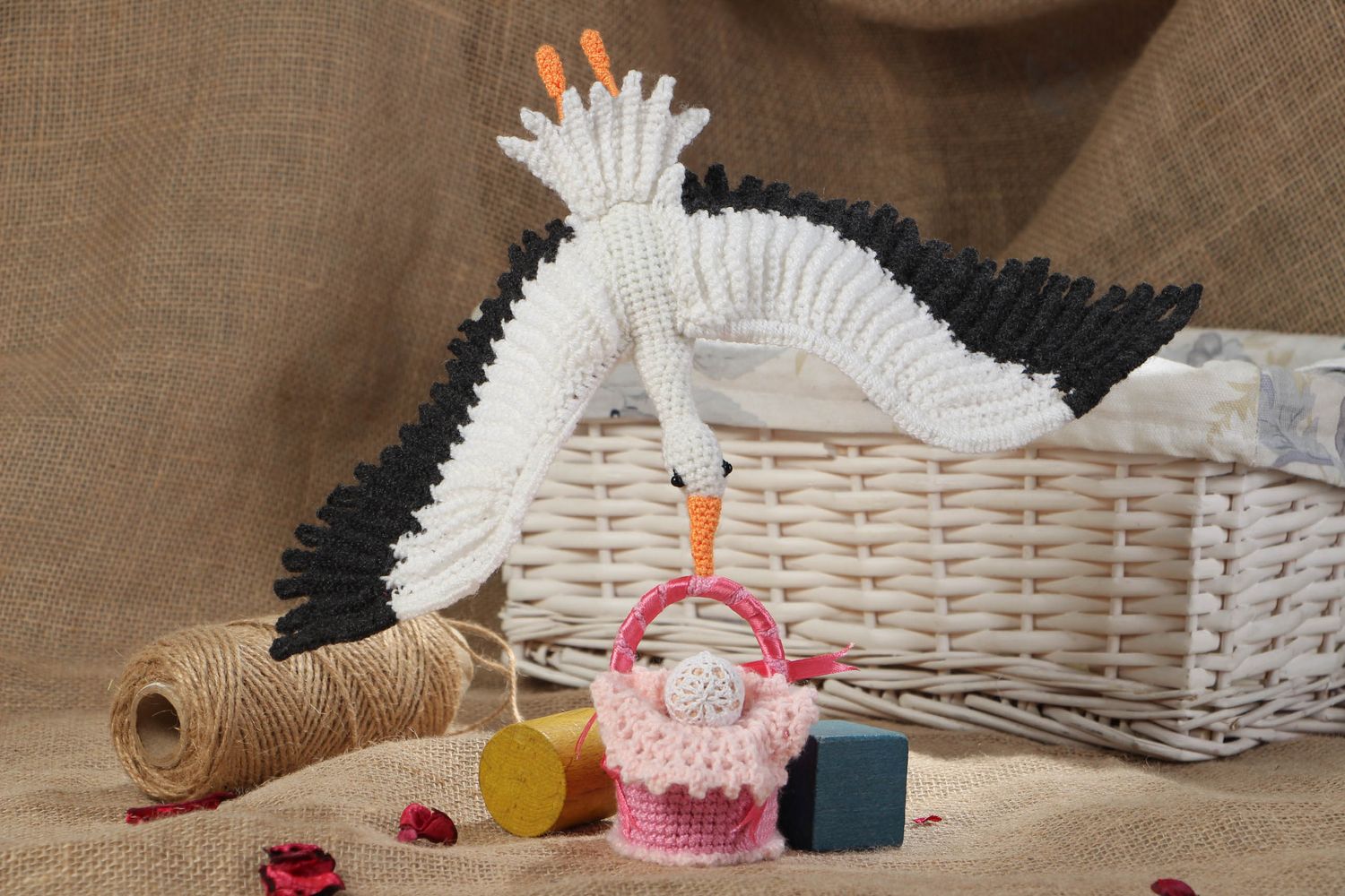 Small crochet toy Stork with Child photo 5