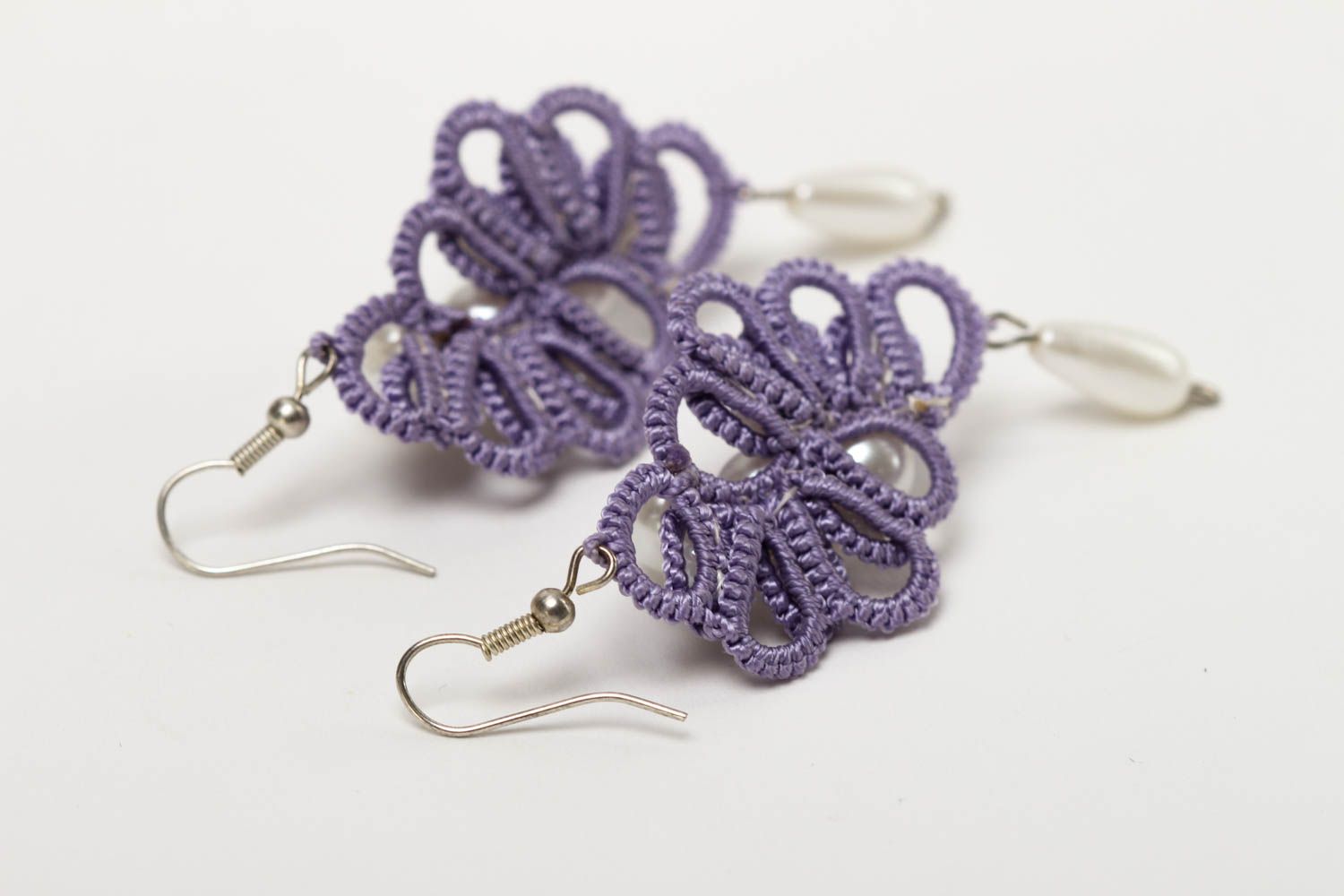 Unusual handmade tatting earrings woven lace earrings handmade accessories photo 4