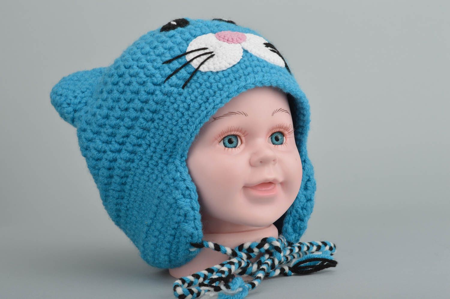 Handmade designer children's hat crocheted of blue cotton and woolen threads Cat photo 5
