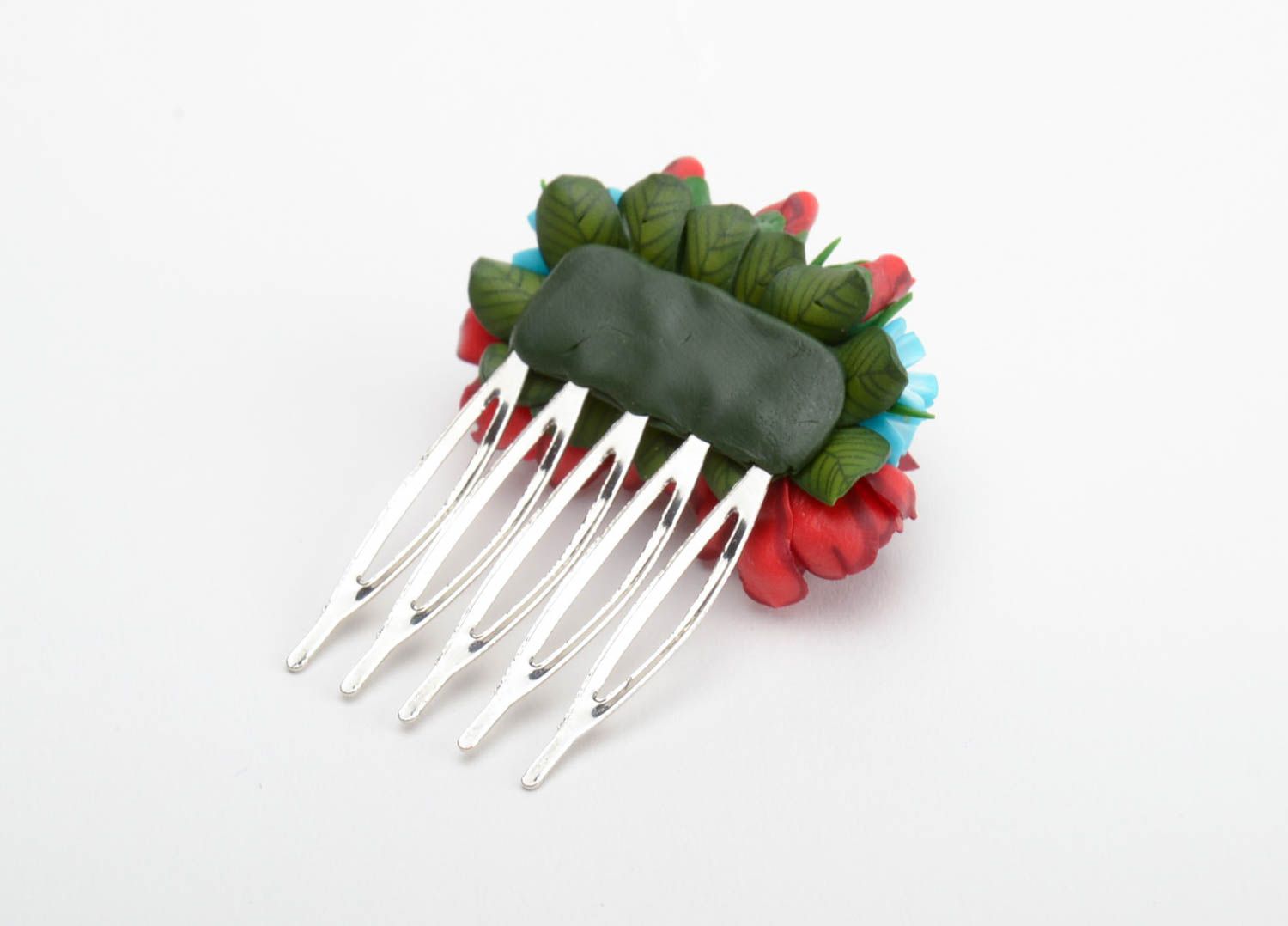 Handmade decorative hair comb with volume polymer clay red and blue flowers  photo 3