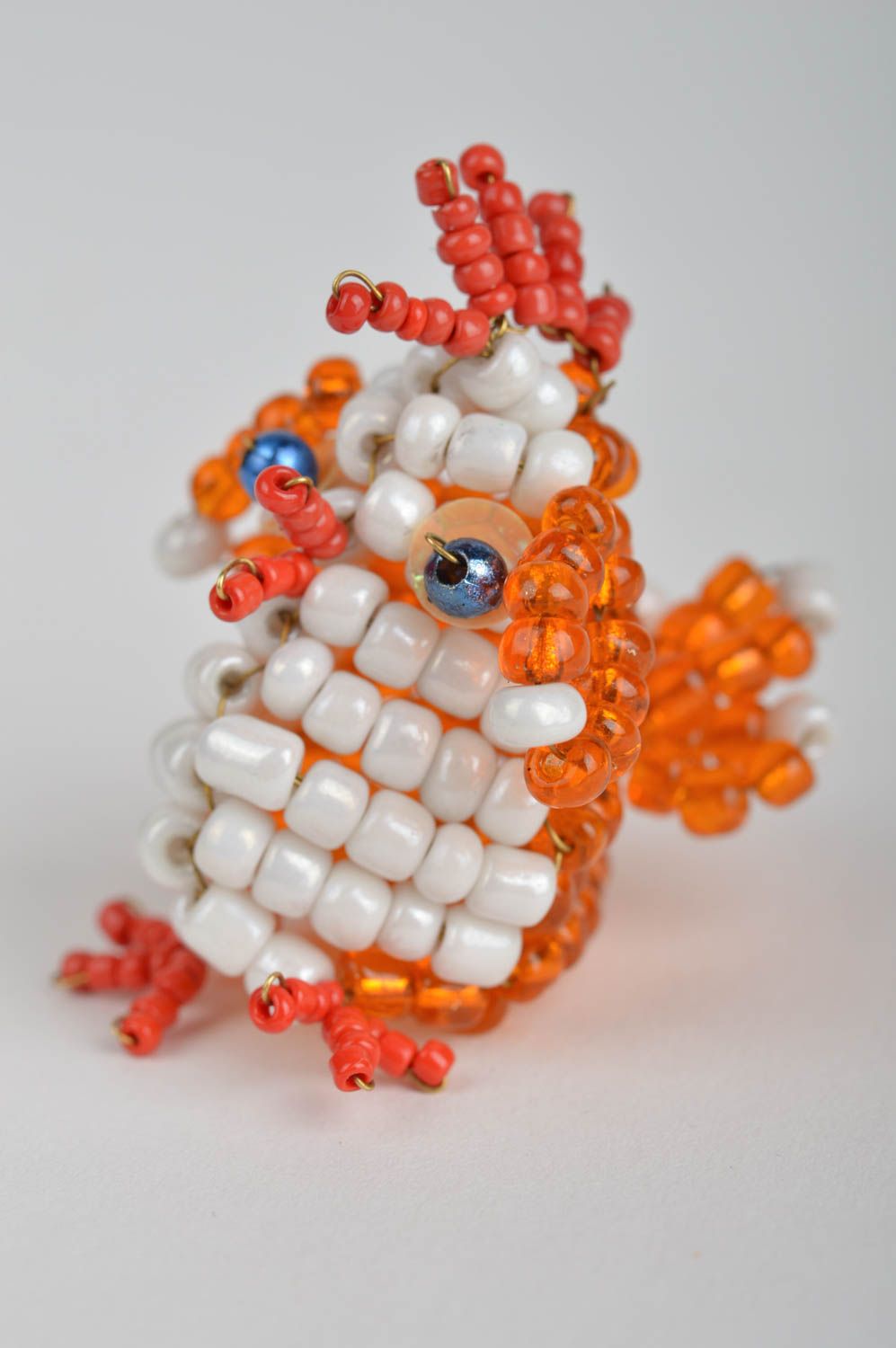 Handmade small designer bead woven animal finger puppet orange cockerel for kids photo 3