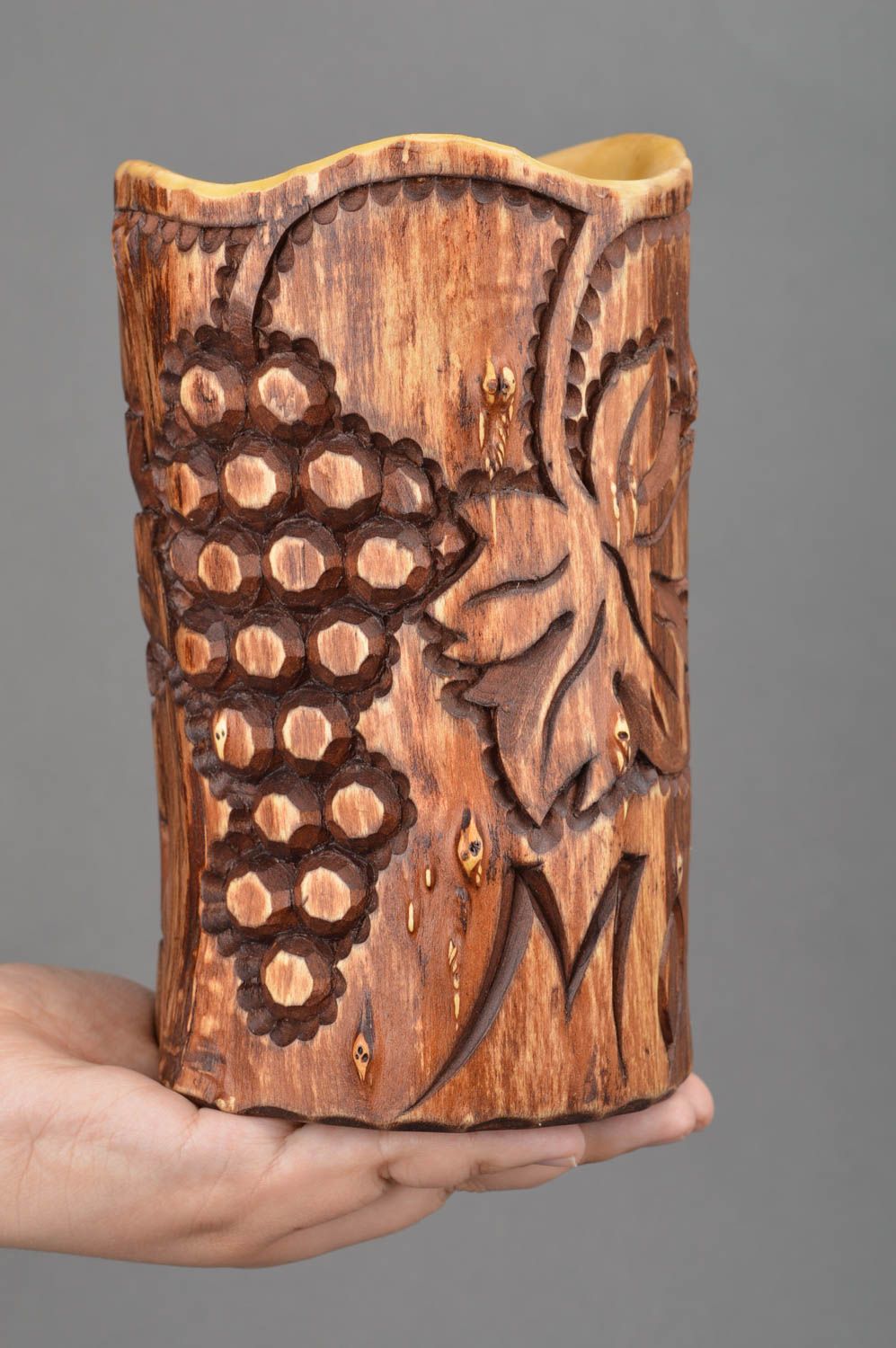 Vase décoratif en bois naturel sculpté fait main de grande taille original photo 3