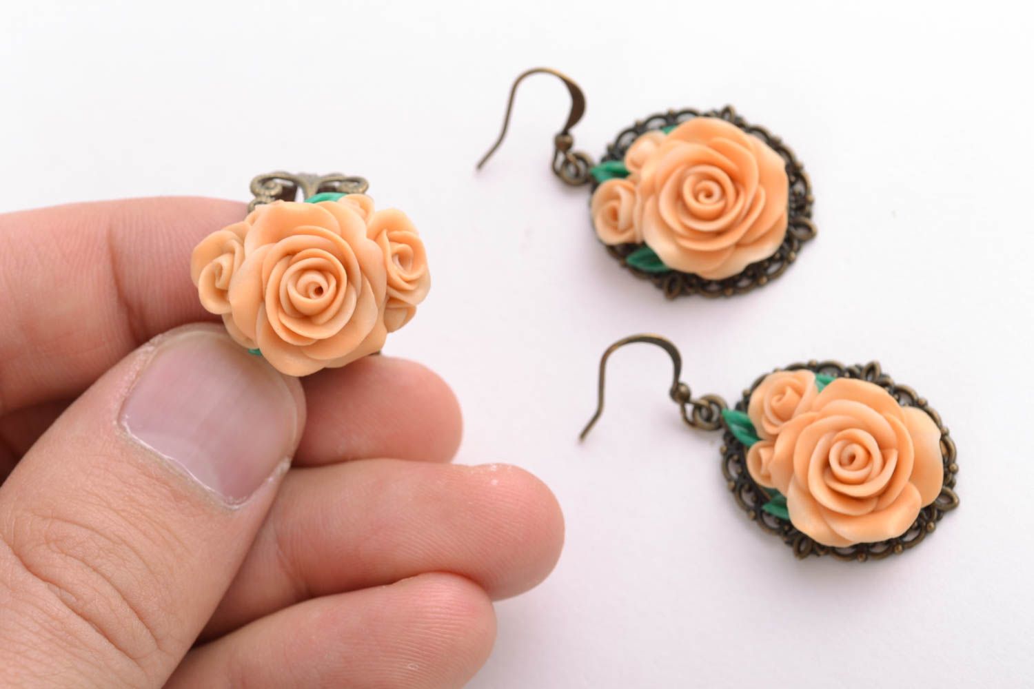 Earrings and ring polymer clay jewelry set in vintage style  photo 2