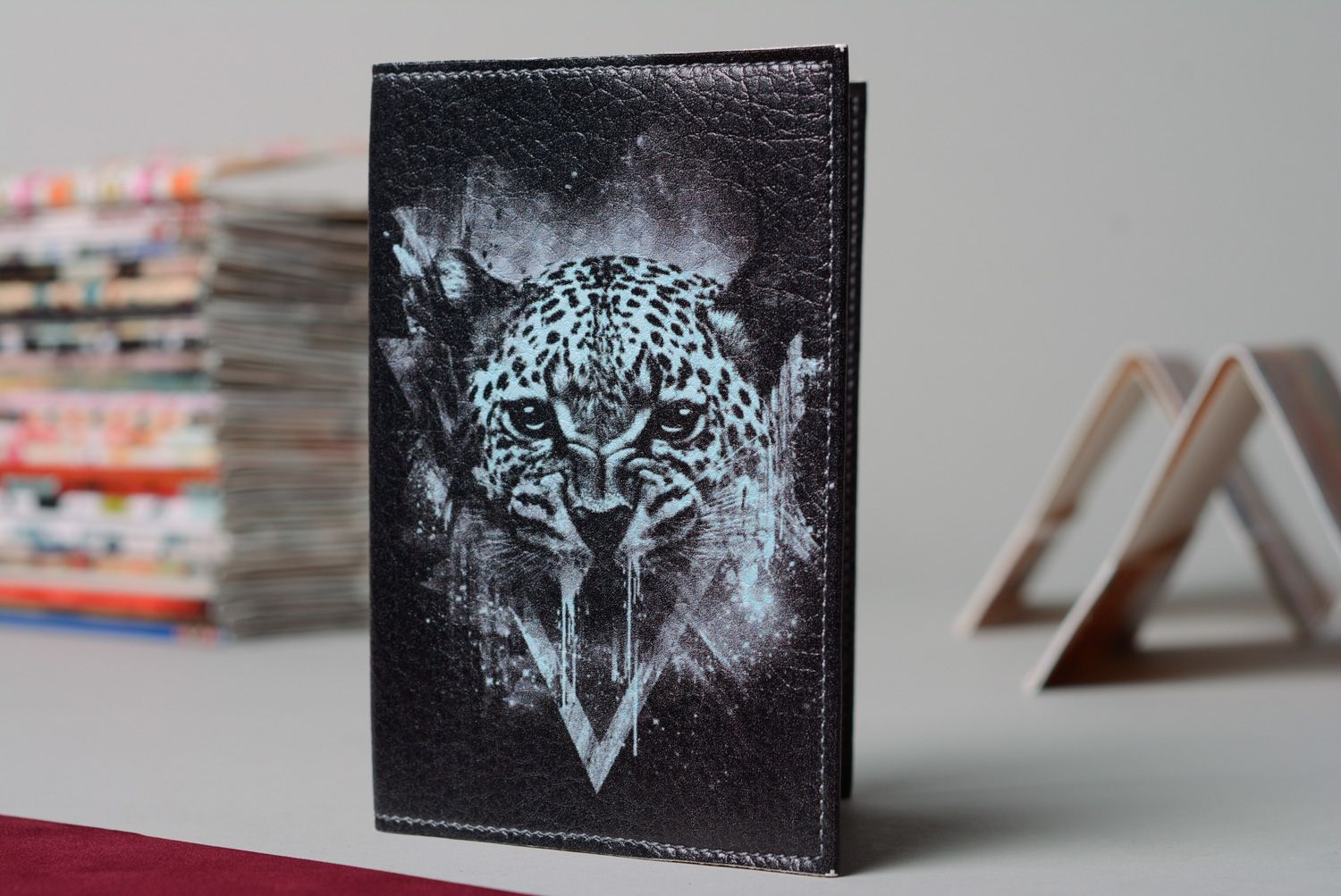 Handmade genuine leather passport cover with print  photo 1