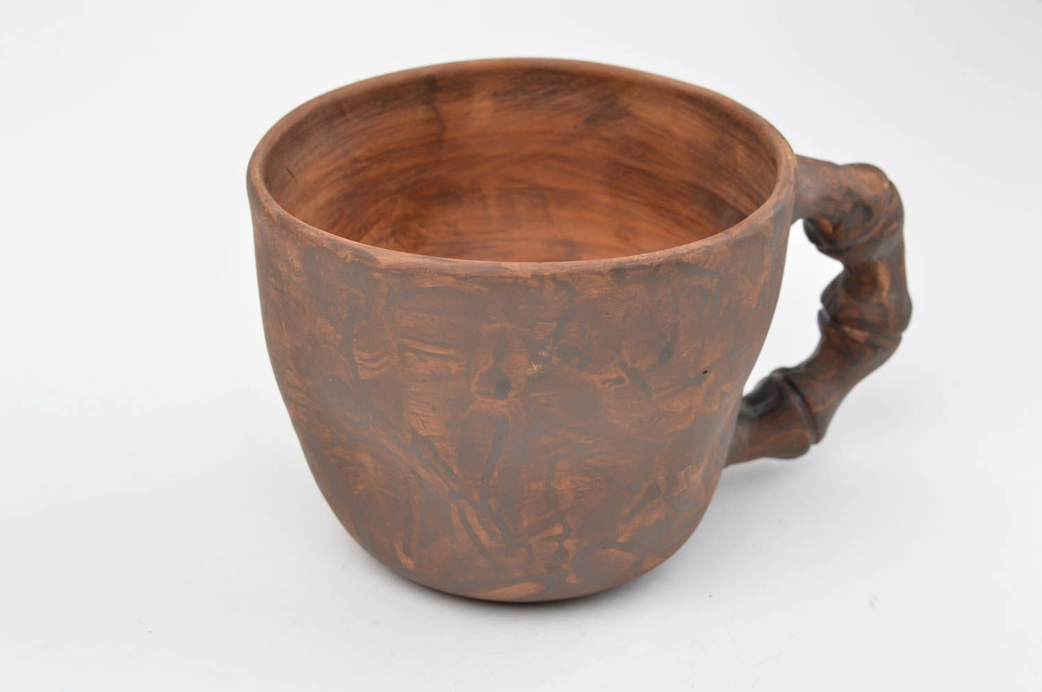 Brown clay cup with bone-shaped handle not glazed and without a pattern
 photo 3